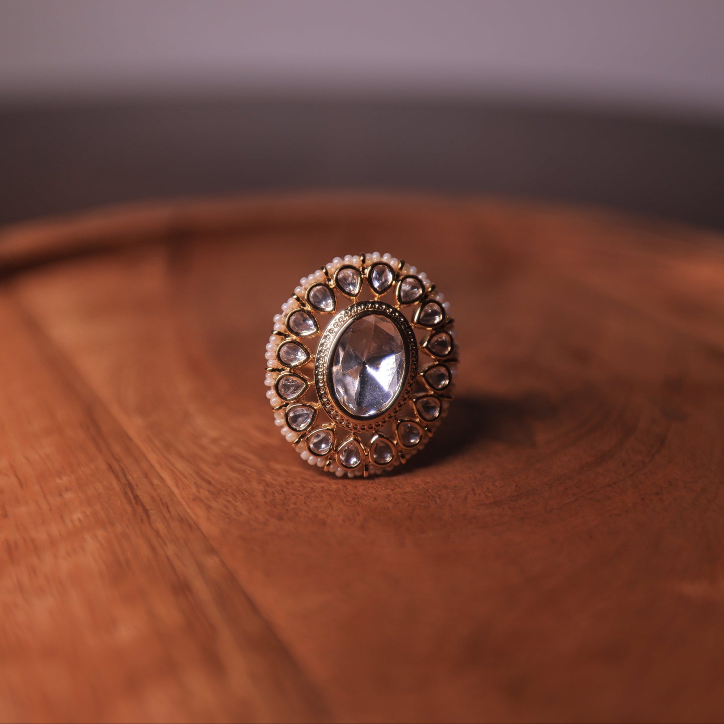 Rajwada Adjustable Pearls and Polki Ring